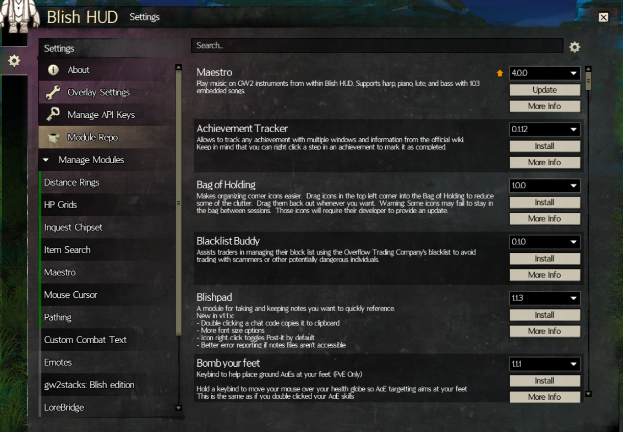Blish HUD Module Repo 화면 — 모듈 원클릭 설치