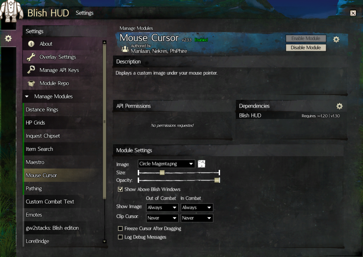 Blish HUD Module Settings 화면 — 모듈 활성화 및 설정